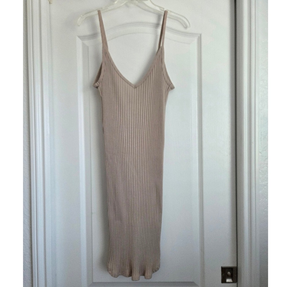 Out From Under Taupe Bodycon Mini Dress Ribbed V Neck Sleeveless Casual Sz L